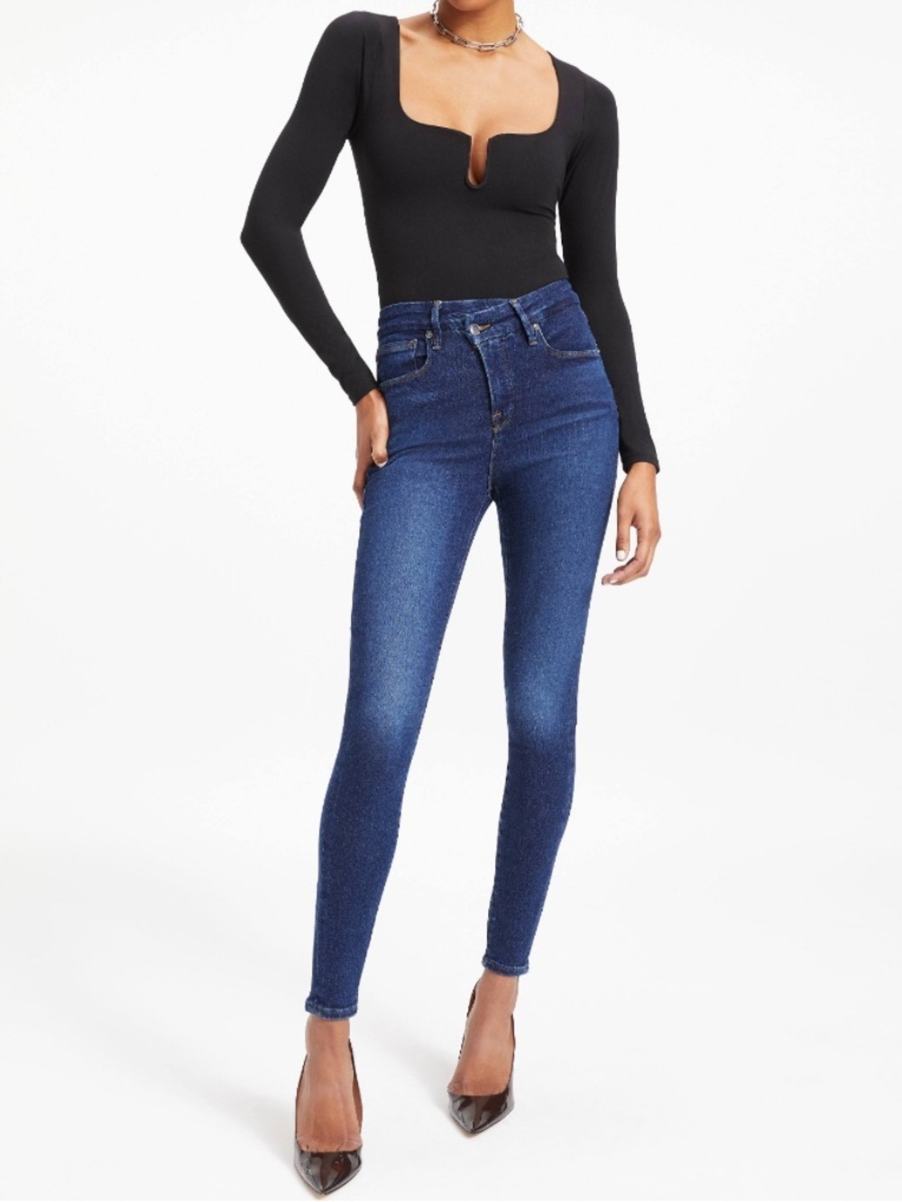 Good American Good Legs Crossover Organic Cotton Blue Denim Jeans- Size 14